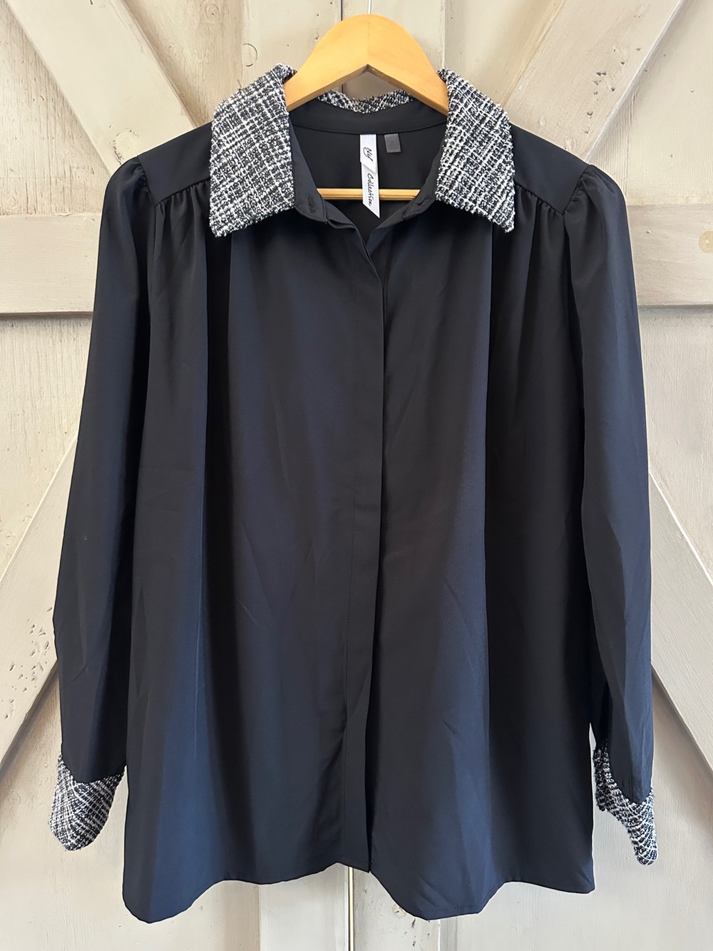 NY Collection Black Blouse Tweed Collar Cuffs Long Sleeve Size M
